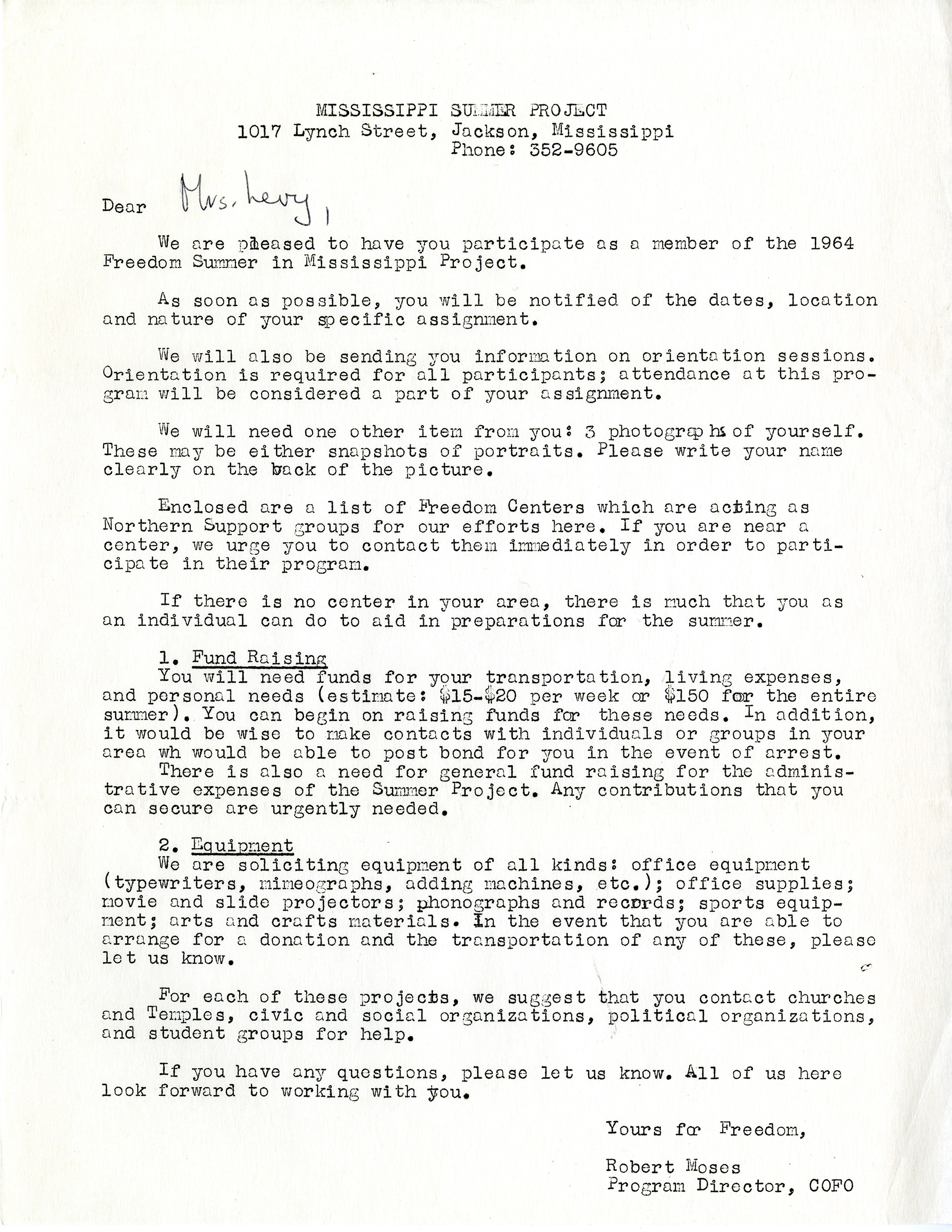 Council of Federated Organizations (COFO) acceptance letter to Betty Levy, 1964. Letter sent to Betty Levy informing her of her acceptance to the 1964 Freedom Summer Project in Mississippi. Mark Levy Collection, Queens College Special Collections and Archives.