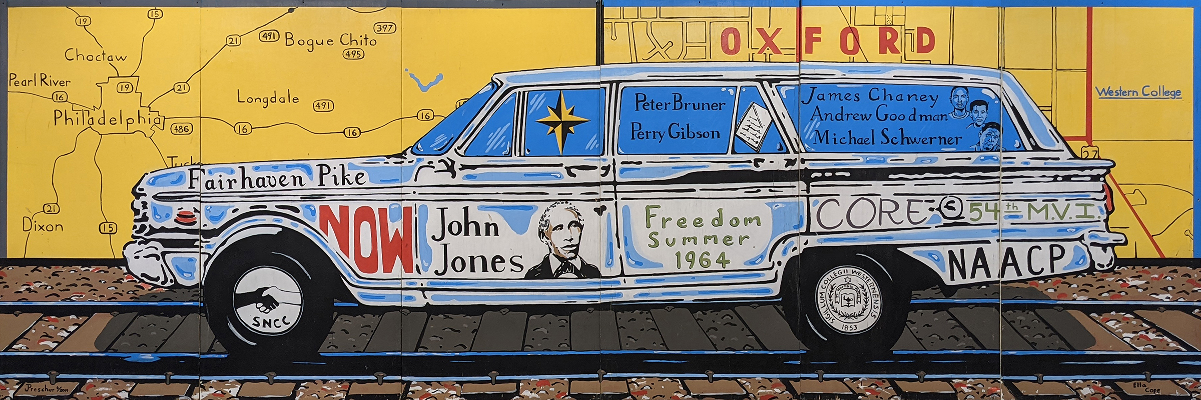 The Changemakers of Oxford, 2019. Mural by Ella Cope and Joe Prescher. Conceived of and contracted by Ella Cope in fulfillment of the Girl Scout Gold Award, with design contributions and painting by Joseph Prescher. The mural presents a comprehensive picture of civil rights work in Oxford, Ohio from the 1800s to the 1970s. The mural is dedicated to James Chaney, Andrew Goodman, and Michael Schwerner. © 2021, Jason Shaiman