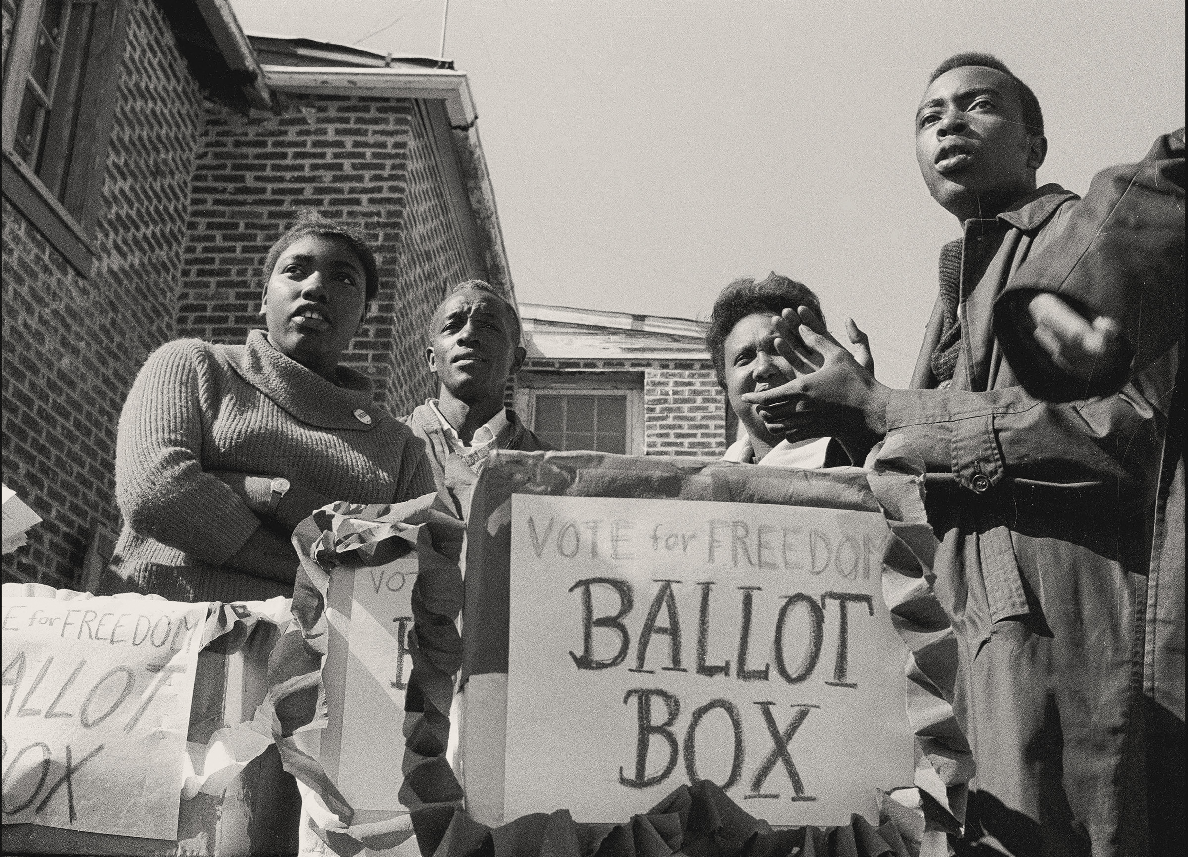 Greenwood Polling Station, October 1963. Photograph by Matt Herron. Because Mississippi whites claimed African Americans were not interested in voting, organizers sponsored a mock election to prove them wrong. Aaron Henry ran for Governor as part of this 