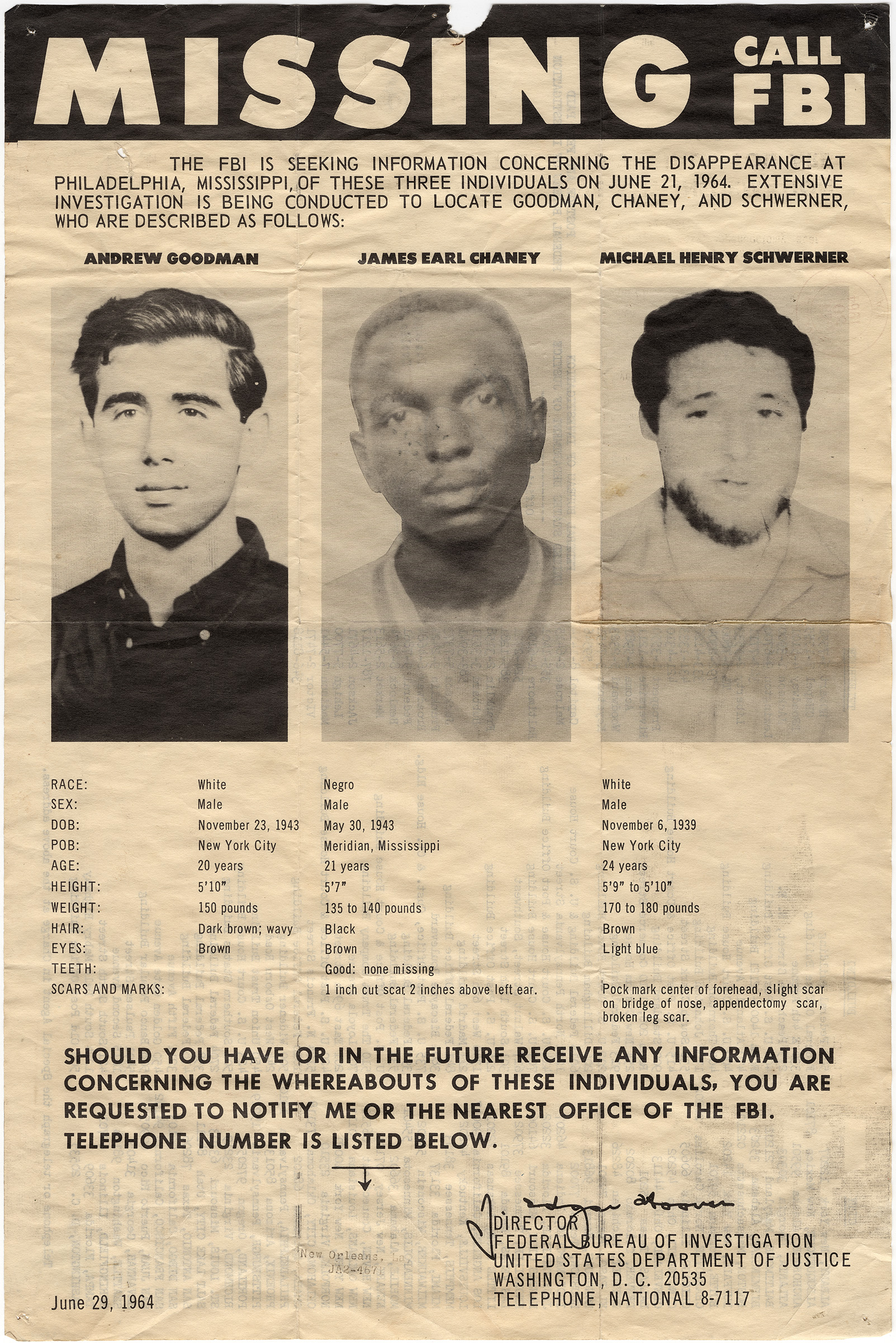 "Missing: Call FBI, 1964." Photograph by an unidentified photographer. International Center of Photography, New York City. Anonymous Gift, 2005 (10.2005). Photograph provided by the International Center of Photography.