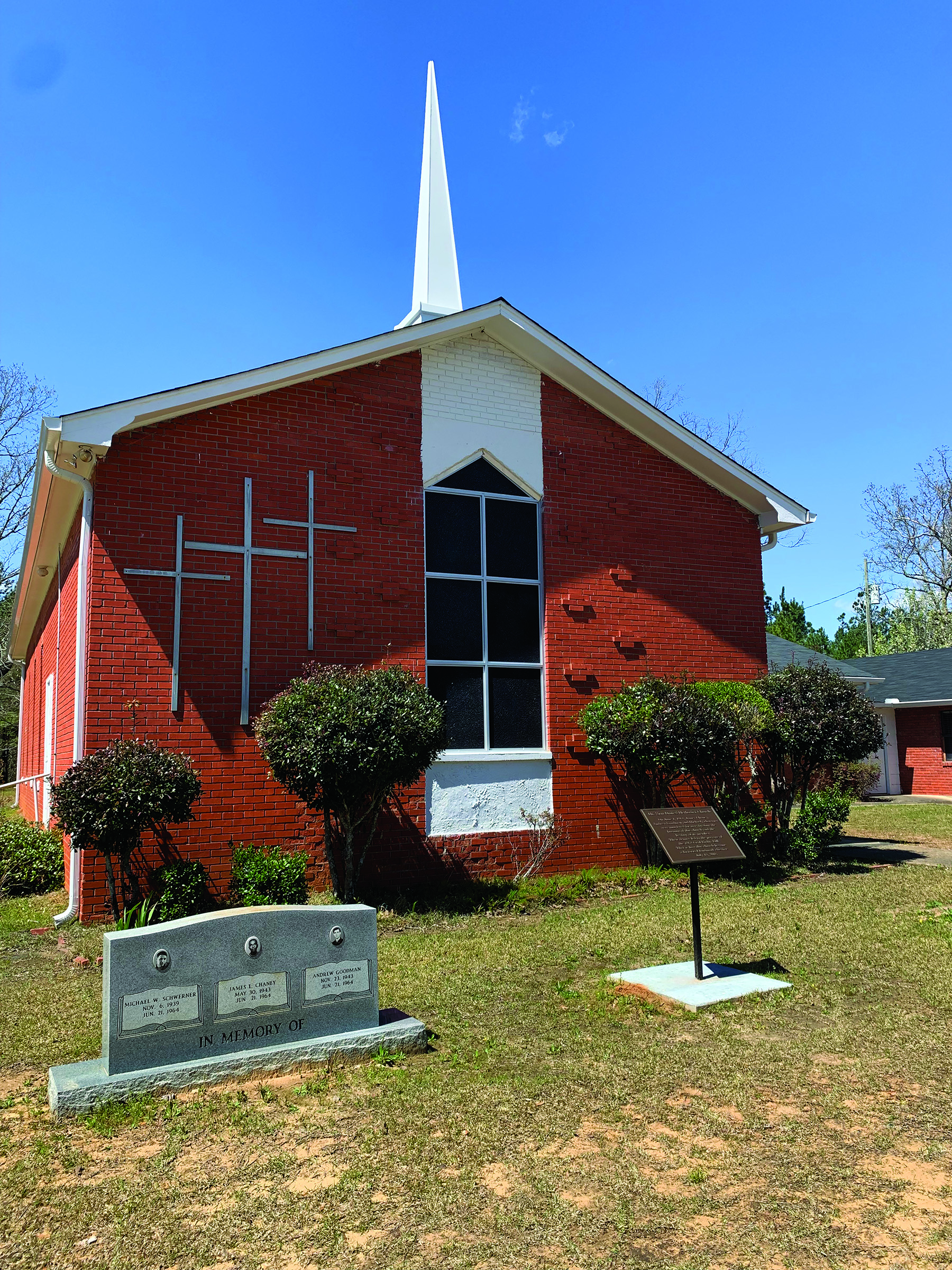 A Memorial at the Mt. Zion Historic United Methodist Church in Philadelphia, Mississippi, March 2022. Photograph by Zack Tucker. The Mt. Zion Historic United Methodist Church in Philadelphia, Mississippi has many memorials on their grounds commemorating the slain Freedom Summer volunteers, Chaney, Goodman, and Schwerner and those who dedicate their lives fighting for human rights. These memorials serve as reminder of injustices of the past and inspire current and future generations to strive for more equitable democracies, connecting it with the intention of the memorial in Oxford, Ohio. Photo Courtesy of Zack Tucker.