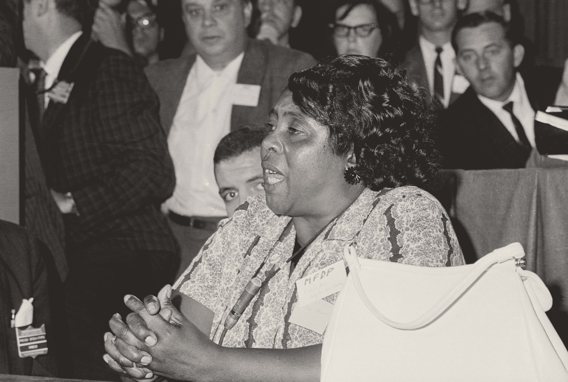 Fannie Lou Hamer Speaking in Atlantic City, 22 August 1964. Fannie Lou Hamer testifies to the credentials committee of the Democratic National Convention. As a member of the Mississippi Freedom Democratic Party, Hamer and others asked to be seated instead of Mississippi's all white delegation. Bettman/Bettman Collection. Photograph via Getty Images.